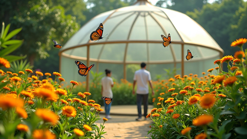 Mariposario con estructura transparente mostrando mariposas en vuelo alrededor de flores silvestres