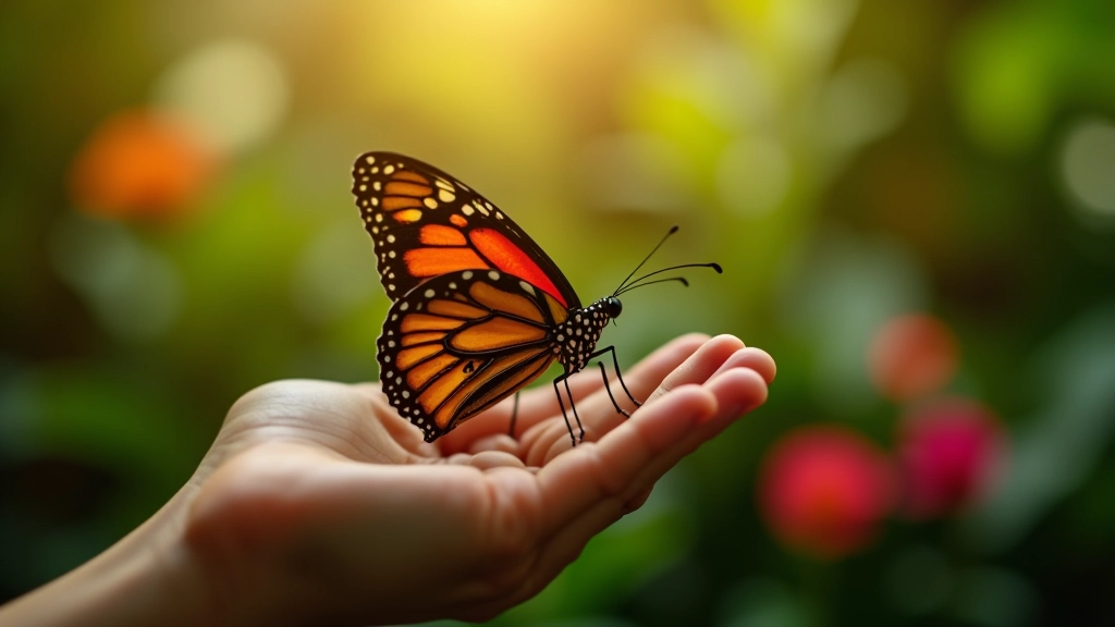 Primer plano de mariposa posada en la mano de una visitante dentro del mariposario, con flores de fondo