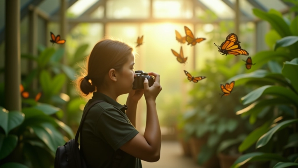 Visitante dentro del mariposario tomando fotos de mariposas, mostrando la experiencia interactiva del espacio